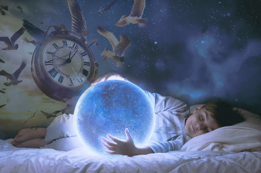 мальчик спит луна часы космос птицы